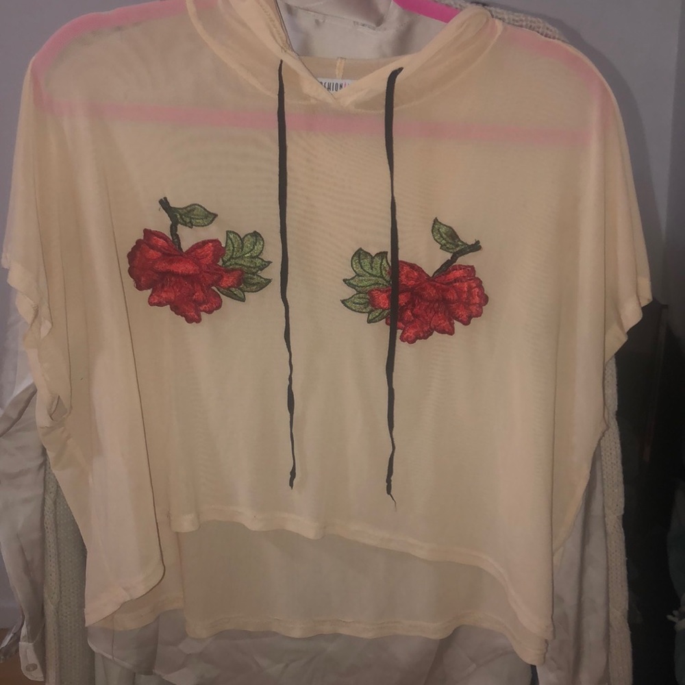 Fashion Nova Mesh Top with Rose Appliqués